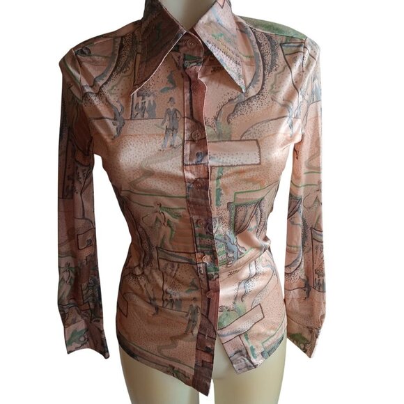 Vintage Small Huk-a-Poo Button-Up Disco Shirt With Victorian Abstract Pattern - Picture 1 of 9